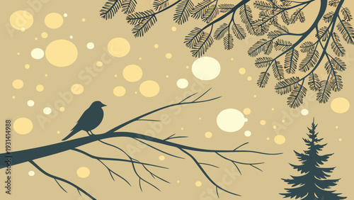 Bird on a Branch in Winter with Falling Snow and Pine Tree.