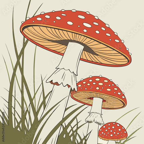 Vibrant red and white spotted mushrooms growing in green grass.