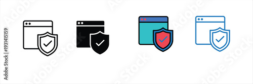 Browser Security Icon with Shield and Checkmark for Web Data Protection. Vector Illustration.