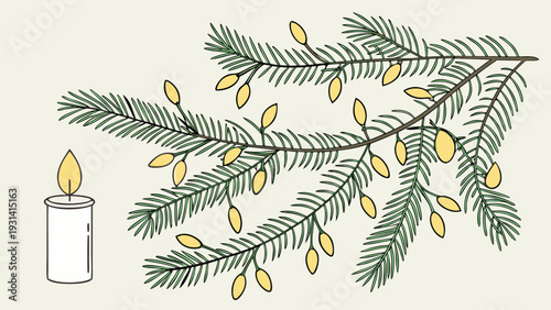 Christmas Candle and Pine Branch with Lights 1.