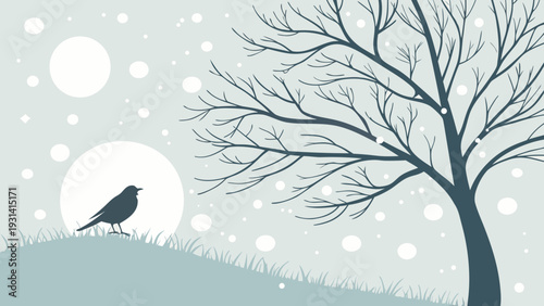 Winter landscape with a lone bird on a snowy hill under a full moon.