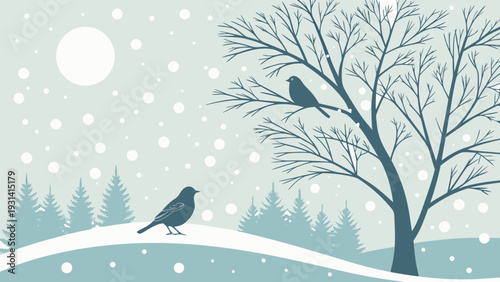 Winter landscape with birds and falling snow.