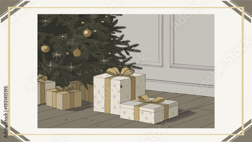 Christmas Presents Under a Decorated Tree.