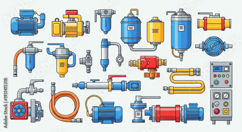 Collection of industrial equipment and machinery parts.