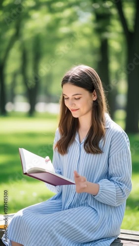 Young Woman Reading a Book Outdoors in a Park, Smiling Happily