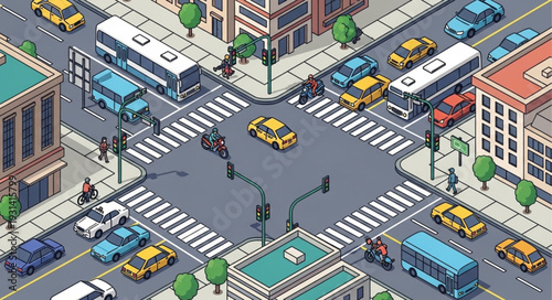 Isometric City Street Scene with Traffic.