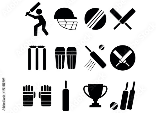 Cricket Equipment Icon Set with Batsman Helmet Stumps and Trophy Symbols Vector Illustration.
