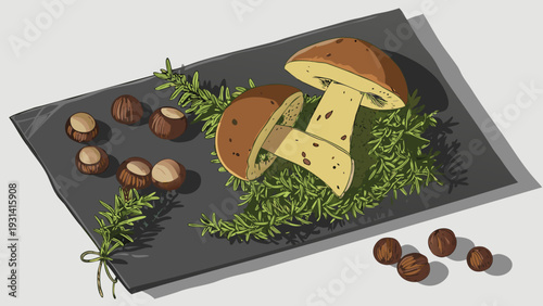 Freshly Foraged Mushrooms and Chestnuts on a Rustic Slate Board.