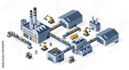 Isometric Factory Buildings and Machinery.