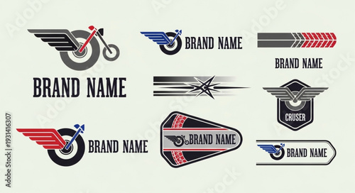 Collection of motorcycle emblems and logos with wings.
