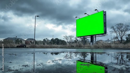 Green Screen Billboard Reflection on Rainy Road