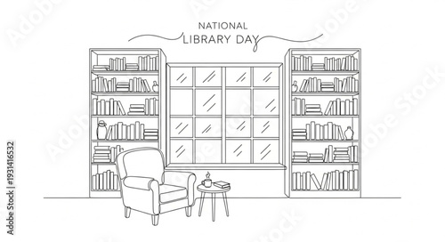 Library Bookshelves with Books and Window.