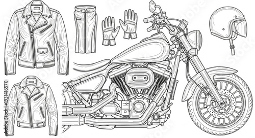 Motorcycle and Biker Gear Illustration.