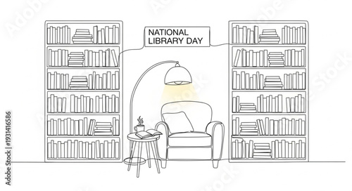 Library Illustration with Bookshelves and Archway.