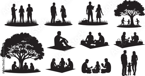 Black silhouettes of people enjoying outdoor activities in park setting, including picnics, family time, relaxation, children playing, and social gatherings under trees.