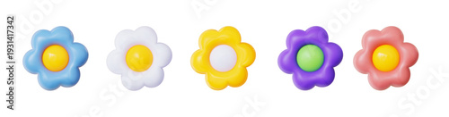 Colorful daisy flower icon set in blue, white, yellow, purple and coral. 3D vector symbol of spring and summer
