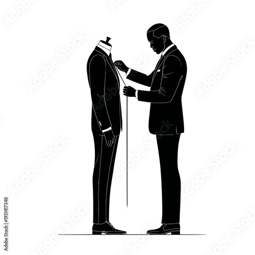 Elegant tailor adjusting a suit on a mannequin in a classic atelier setting.