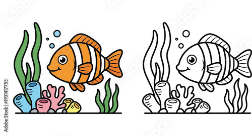 Cute cartoon clownfish underwater with coral and seaweed. Colorful illustration alongside a black and white outline version for children's coloring book page. Vector graphic design.