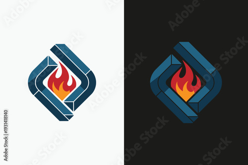 Blue geometric shape with a flame symbol in the center on white and black backgrounds