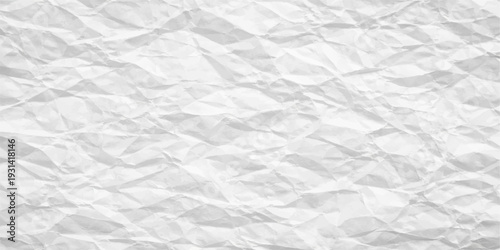 A blank sheet of white crumpled paper featuring a rough wrinkled texture with creased patterns and an old vintage surface design on an empty crushed material page