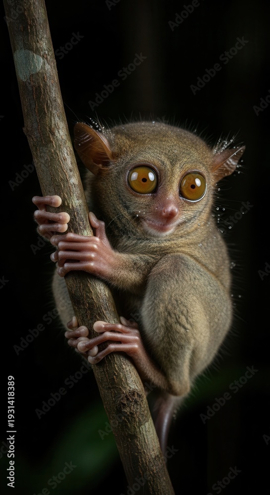 Obraz premium Small primate with enormous eyes clings tightly to a vertical tree branch in darkness