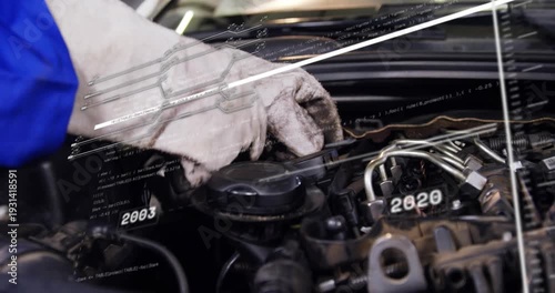 Gloved hand entering left, lifting cap, probing fuel lines and plugs, HUD sweeping, inspecting