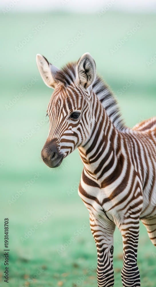 Obraz premium Young equine mammal with distinctive striped coat stands in soft natural light