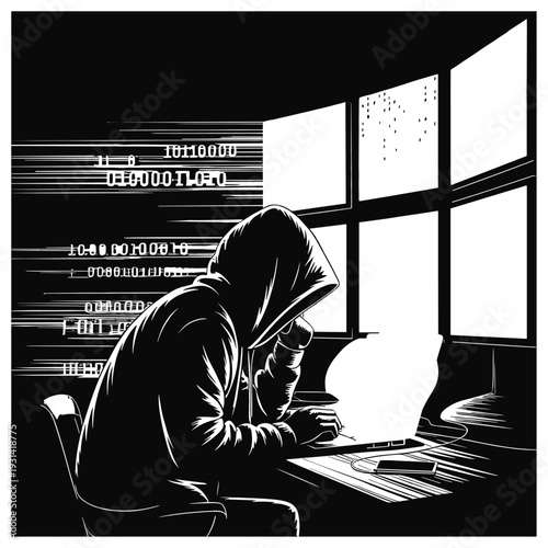 Cyber Security Hacker Working on Laptop in Dark Room – Anonymous Hooded Programmer Vector Illustration