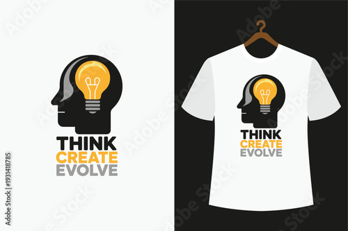White t shirt with black silhouette head and yellow light bulb and text think create evolve white t-shirt