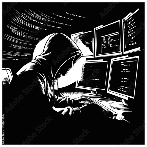 Cyber Security Hacker Working on Laptop in Dark Room – Anonymous Hooded Programmer Vector Illustration
