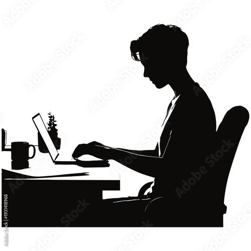 Freelancer Working on Laptop at Home Office – Remote Work Silhouette Vector Illustration