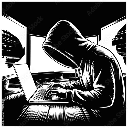 Cyber Security Hacker Working on Laptop in Dark Room – Anonymous Hooded Programmer Vector Illustration