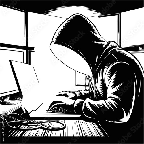 Cyber Security Hacker Working on Laptop in Dark Room – Anonymous Hooded Programmer Vector Illustration