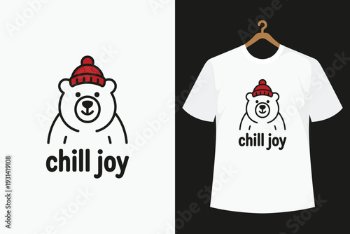 White t shirt with cartoon bear wearing red hat and chill joy text t-shirt