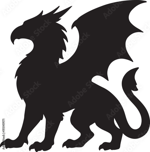 Mythological Griffin Silhouette with Lion Body and Eagle Wings Isolated on White Background