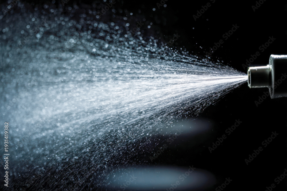Fototapeta premium Spray from a nozzle dispersing fine mist droplets into the air against a dark background with detailed water particle texture