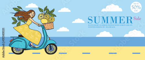 Trendy summer sale poster and banner background featuring a cute hand drawn girl riding a scooter with fresh lemons by the sea beach. Playful illustration perfect for seasonal promotion, social media.
