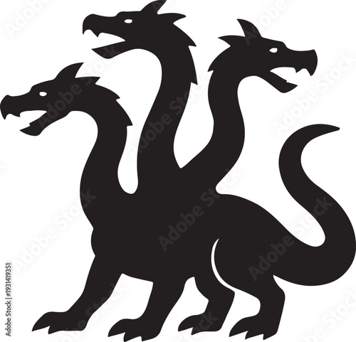 Black Silhouette of a Three-Headed Dragon Hydra Mythical Creature Isolated on White Background