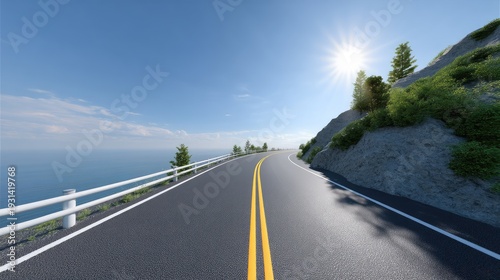 Scenic coastal road winding through rocky hills with ocean view and blue sky under bright sun, perfect for travel and adventure concepts