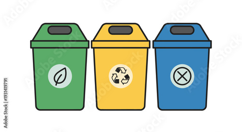 Three colorful recycling bins with recycling, plastic and paper symbols on a white background in a flat illustration style.