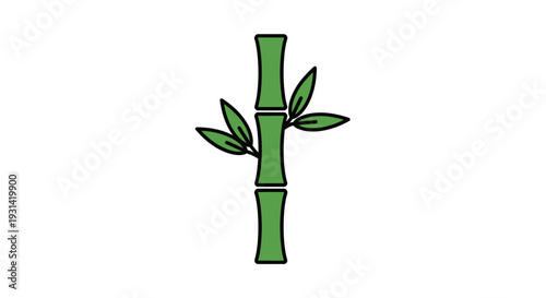 Illustration of a green bamboo stalk with leaves on a white background in a simple graphic style.