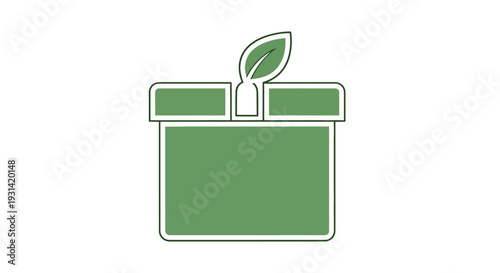 A simple green icon of a gift box with a leaf growing out of it on a white background, with a minimalist and eco-friendly design.