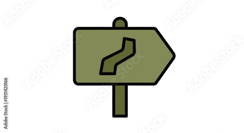 Olive green directional sign with a black outline and a wavy line on a white background.
