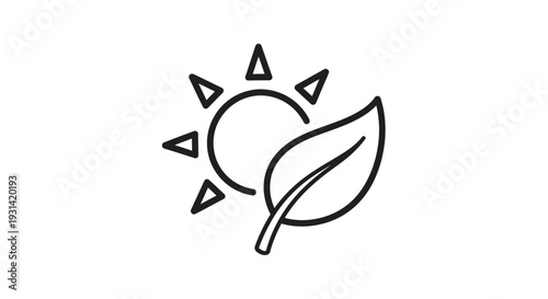 Line drawing of a sun with rays and a leaf on a white background in a simple, iconic style.