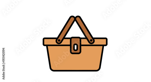 Simple illustration of a brown picnic basket with a handle and clasp on a plain white background.