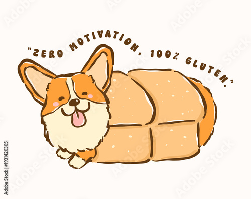 Cute kawaii corgi derp in loaf bread whimsical hand drawn cartoon doodle