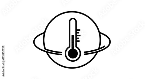 A simple line drawing of a thermometer on a planet with rings on a white background.