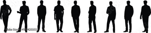 Eight black silhouettes of men standing in different poses against a white background