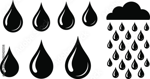 Black raindrops falling from a cloud in a minimalist white