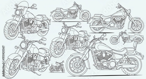 Collection of detailed motorcycle line art illustrations.